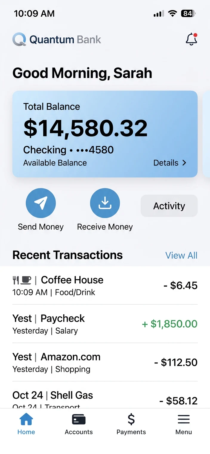 Mobile banking app sample screenshot