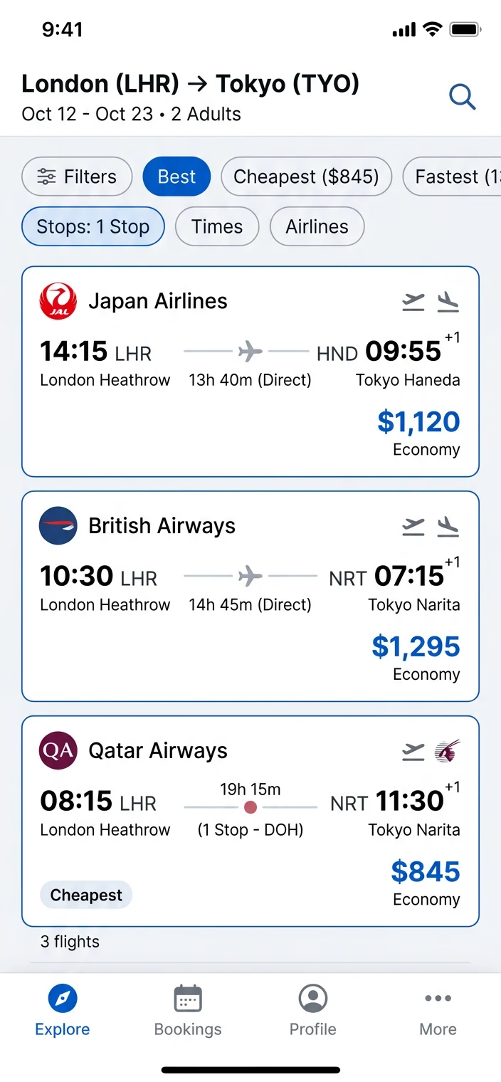 Mobile travel app sample screenshot